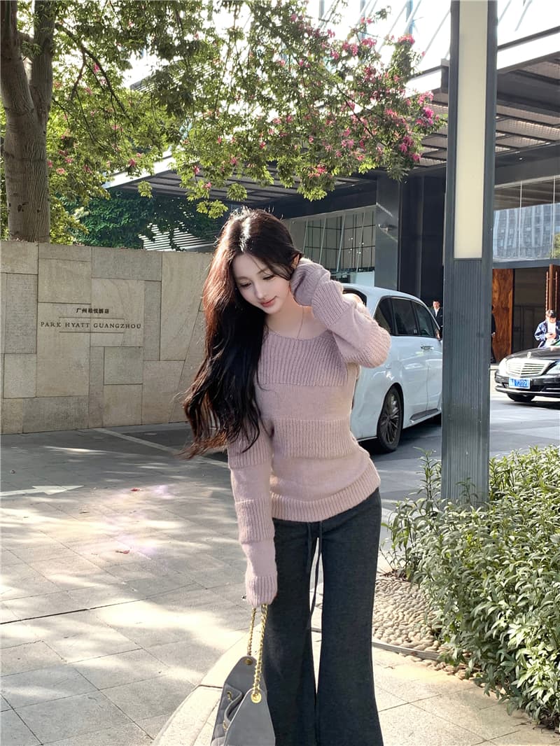 실사 착용 가져 가라. 전체 집합 한 부서 순수한 욕망 바람 핫걸 품격 비스듬한 어깨 니트 스웨터 부츠컷 바지 투피스 슈트 상세 이미지 16