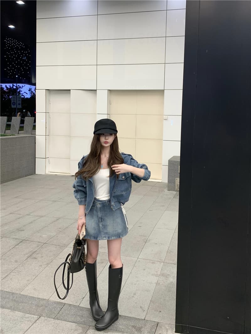 실사 레트로 핫걸 데님 세트 잘 생긴 루즈핏 프로필 모양 쇼트 스타일 데님 재킷 재킷 타이트 스커트 반신 스커트 상세 이미지 11