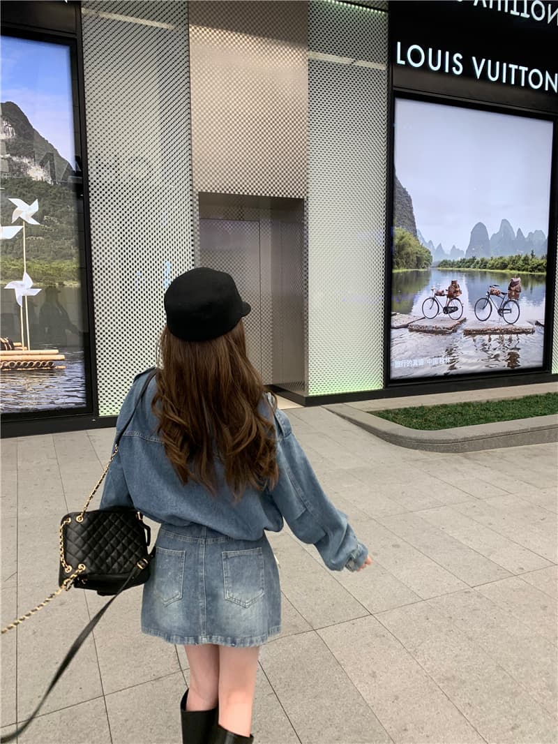 실사 레트로 핫걸 데님 세트 잘 생긴 루즈핏 프로필 모양 쇼트 스타일 데님 재킷 재킷 타이트 스커트 반신 스커트 상세 이미지 15