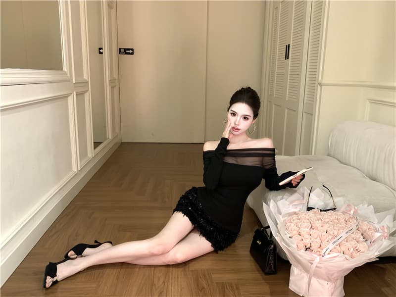 실사 순수한 욕망 오프숄더 망사 패치워크 긴팔 맨위 여성 섹시함 스팽글 타이트 스커트 미니 스커트 세트 투피스 세트 상세 이미지 5