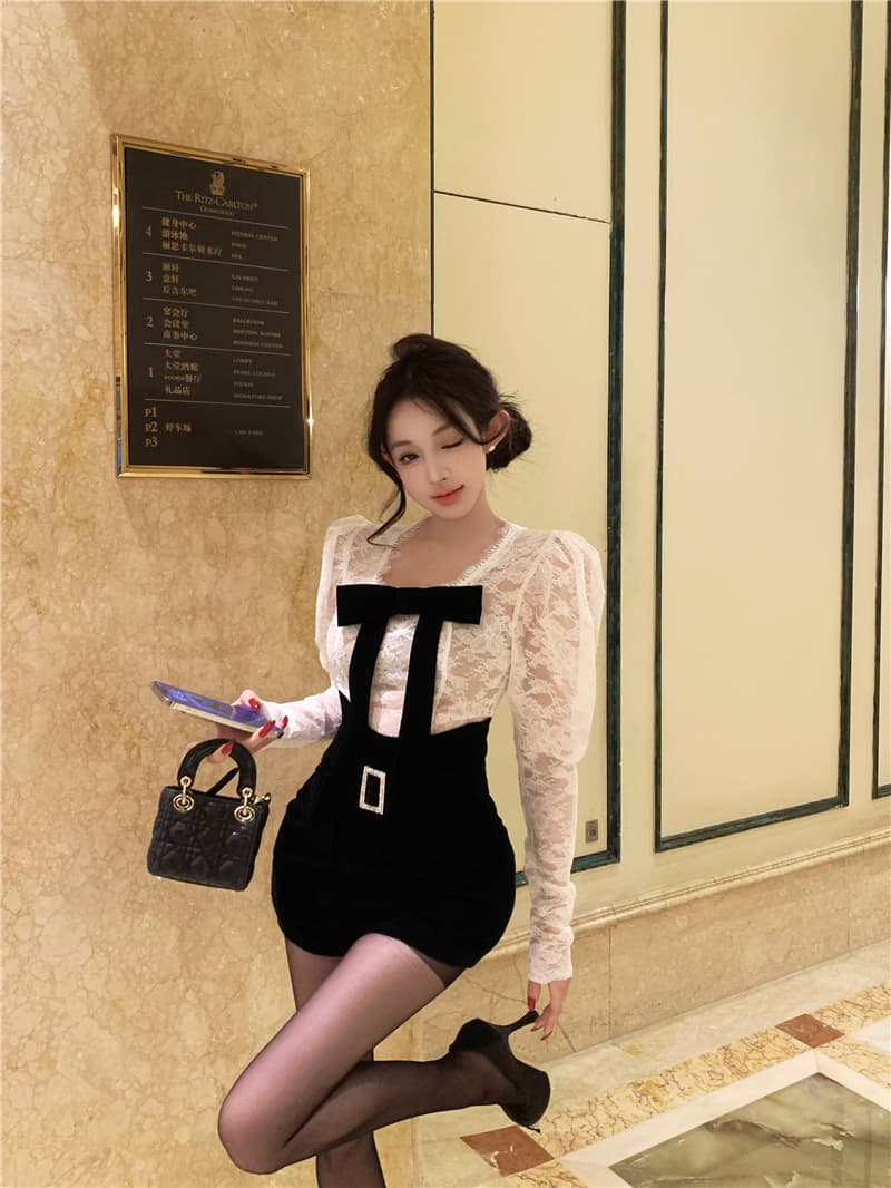 실사 프랑스식 달콤한 매운맛 바람 레이스 나비 매듭 긴팔 맨위 여성 몸매 가꾸기 핫걸 반바지 세트 투피스 세트 상세 이미지 2
