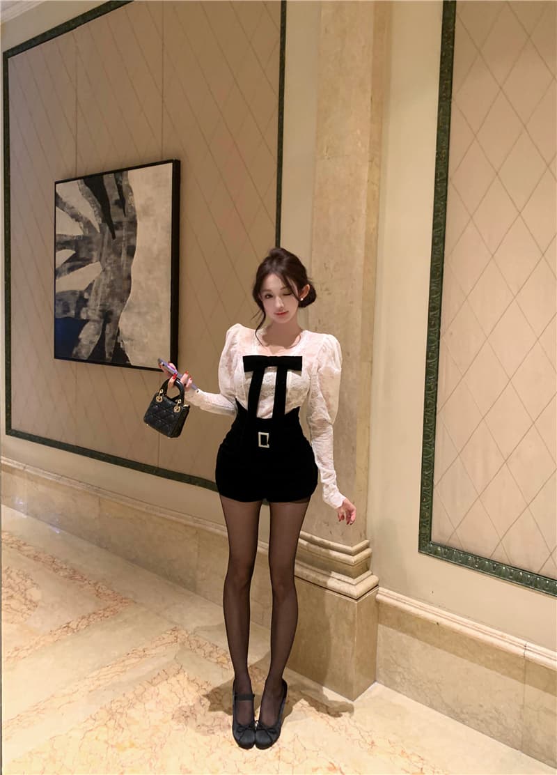 실사 프랑스식 달콤한 매운맛 바람 레이스 나비 매듭 긴팔 맨위 여성 몸매 가꾸기 핫걸 반바지 세트 투피스 세트 상세 이미지 6