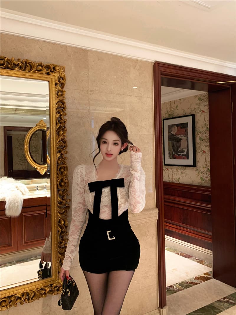 실사 프랑스식 달콤한 매운맛 바람 레이스 나비 매듭 긴팔 맨위 여성 몸매 가꾸기 핫걸 반바지 세트 투피스 세트 상세 이미지 7