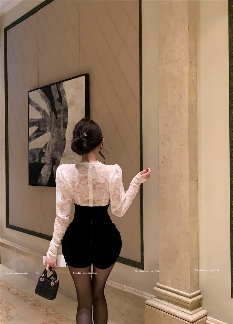 실사 프랑스식 달콤한 매운맛 바람 레이스 나비 매듭 긴팔 맨위 여성 몸매 가꾸기 핫걸 반바지 세트 투피스 세트 상세 이미지 10
