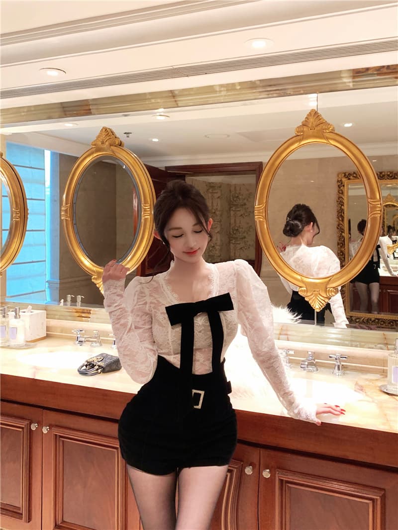 실사 프랑스식 달콤한 매운맛 바람 레이스 나비 매듭 긴팔 맨위 여성 몸매 가꾸기 핫걸 반바지 세트 투피스 세트 상세 이미지 17