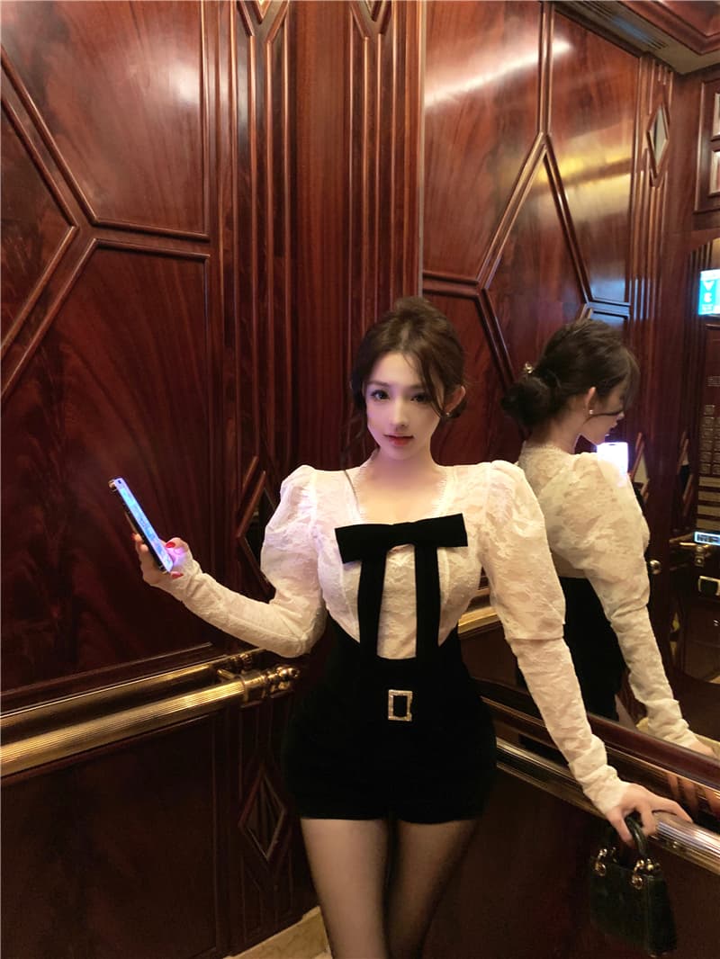 실사 프랑스식 달콤한 매운맛 바람 레이스 나비 매듭 긴팔 맨위 여성 몸매 가꾸기 핫걸 반바지 세트 투피스 세트 상세 이미지 19
