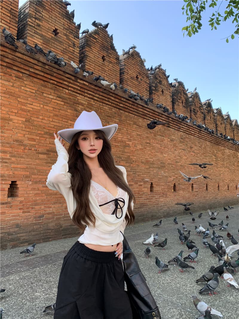 실사 悸动 코드 흔들다 칼라 티셔츠 여성 순수한 욕망 가을 몸매 가꾸기 슬림해 보이는 핫걸 섹시함 사실 두 조각 맨위 상세 이미지 3