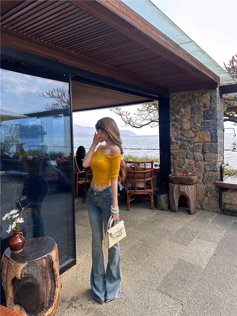 실사 반소매 쇼트 스타일 대 라운드 넥 반팔 티셔츠 여성 여름 와인 글라스 다리 펭 넓적 다리 몸매 가꾸기 청바지 부츠컷 긴 바지 상세 이미지 12