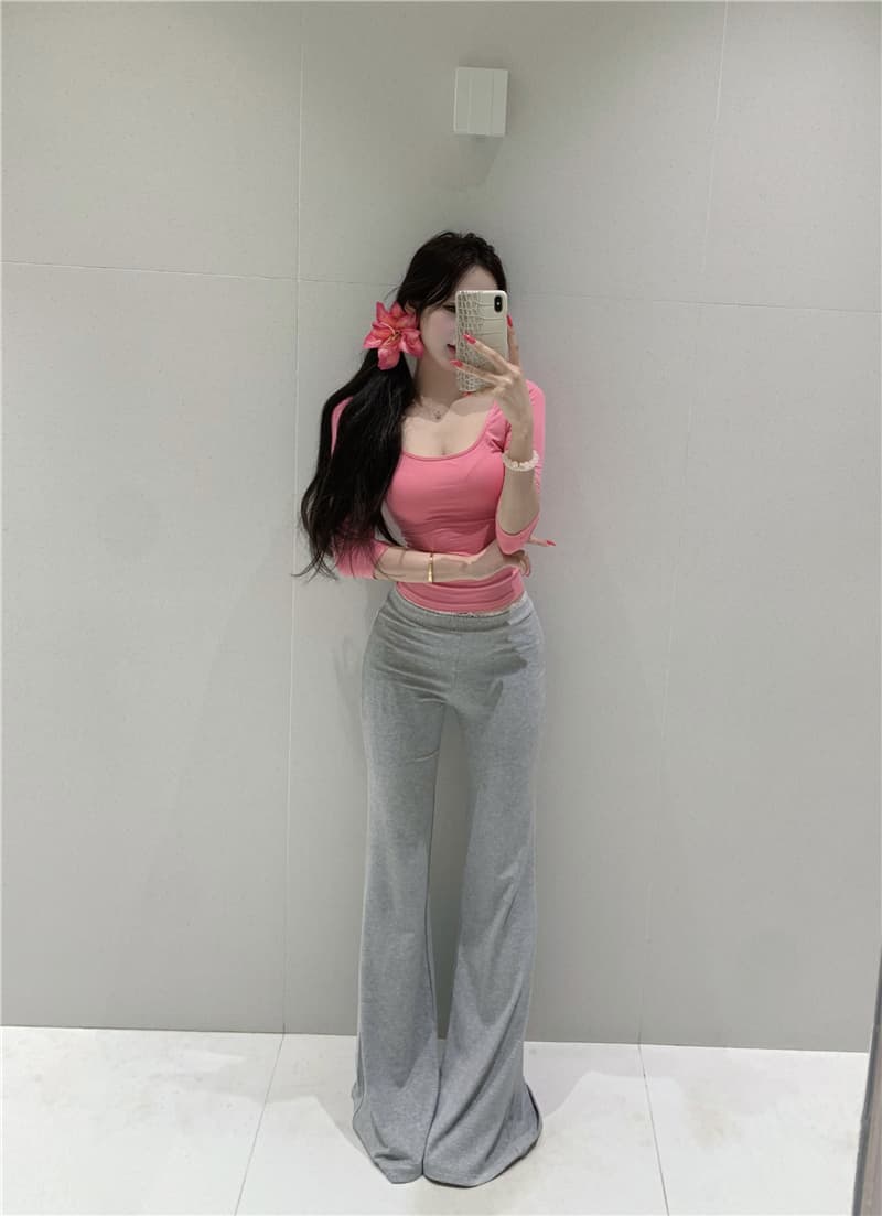 실사 대 u 칼라 순수한 욕망 핫걸 섹시함 몸매 가꾸기 티셔츠 레이스 조각 로우 웨이스트 부츠컷 바지 바닥 청소 캐주얼 긴 바지 상세 이미지 6