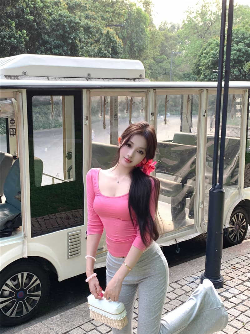 실사 대 u 칼라 순수한 욕망 핫걸 섹시함 몸매 가꾸기 티셔츠 레이스 조각 로우 웨이스트 부츠컷 바지 바닥 청소 캐주얼 긴 바지 상세 이미지 8