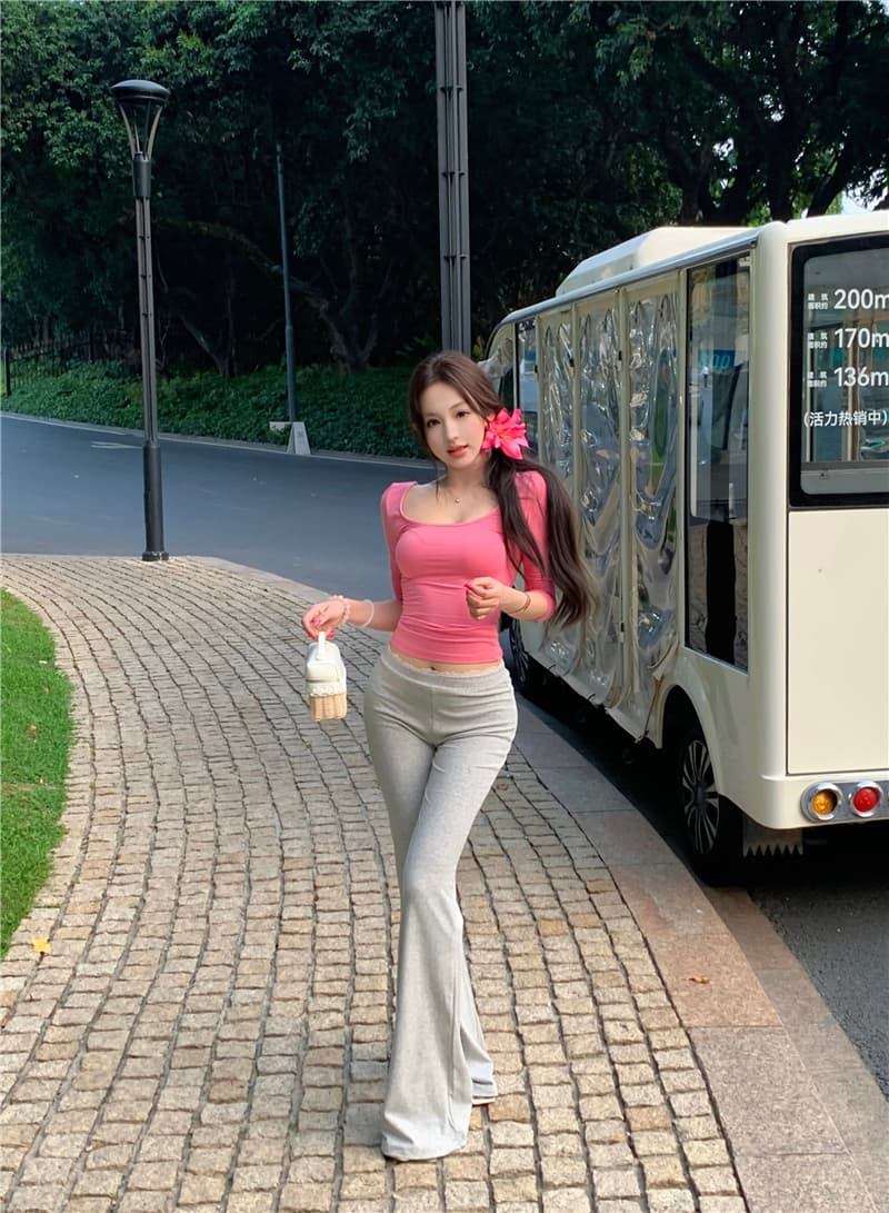 실사 대 u 칼라 순수한 욕망 핫걸 섹시함 몸매 가꾸기 티셔츠 레이스 조각 로우 웨이스트 부츠컷 바지 바닥 청소 캐주얼 긴 바지 상세 이미지 9