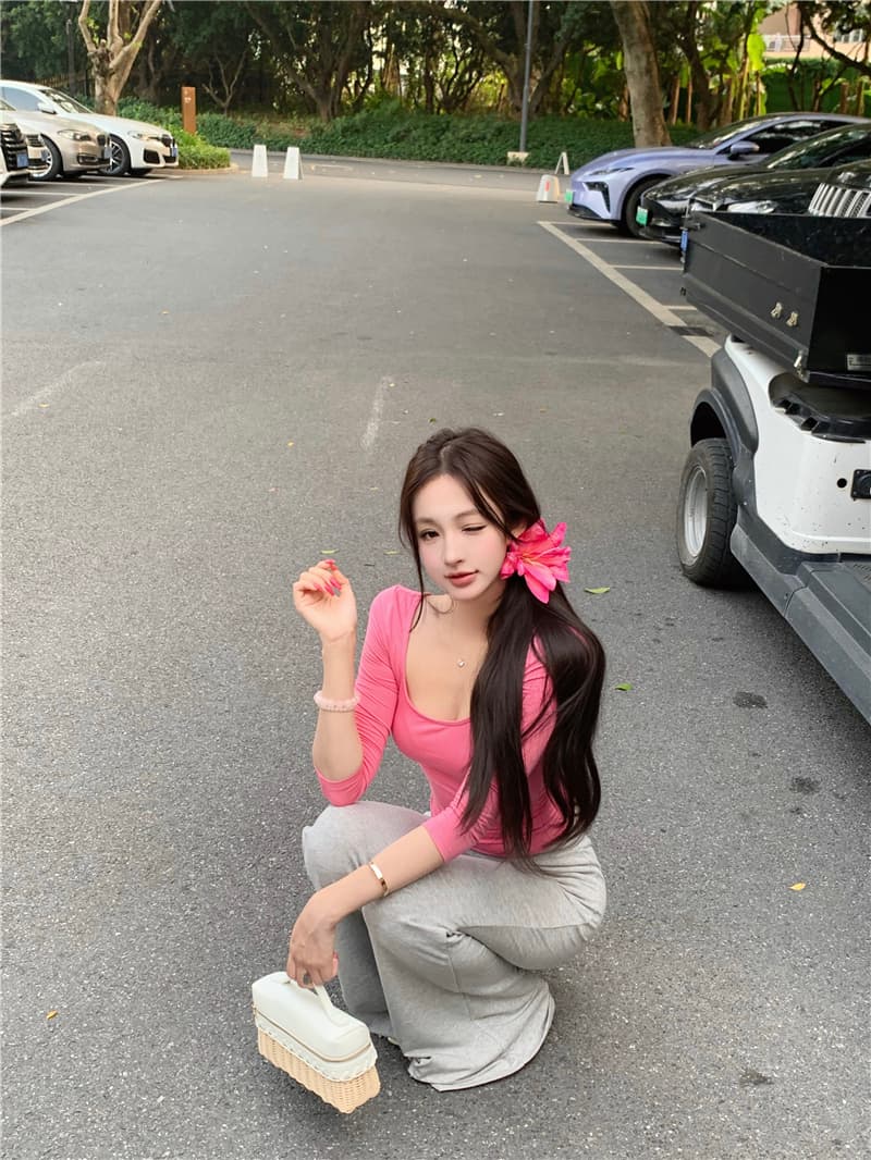 실사 대 u 칼라 순수한 욕망 핫걸 섹시함 몸매 가꾸기 티셔츠 레이스 조각 로우 웨이스트 부츠컷 바지 바닥 청소 캐주얼 긴 바지 상세 이미지 11
