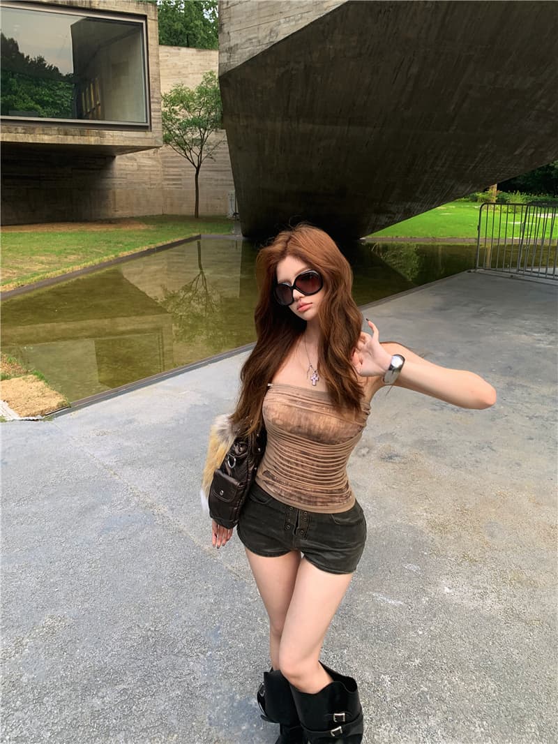 실사 오프숄더 몸매 가꾸기 망사 튜브탑 슬립 여성 로우 웨이스트 몸매 가꾸기 슬림해 보이는 워싱 캐주얼 가죽 반바지 핫 바지 상세 이미지 6