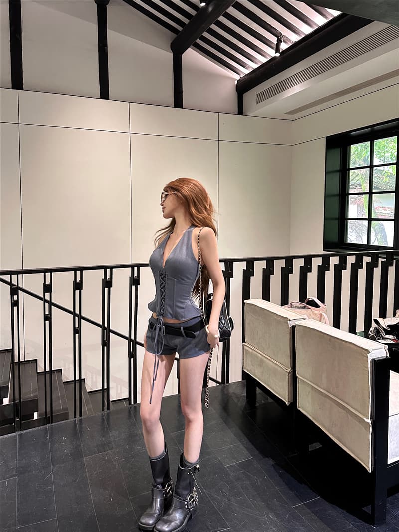 실사 순수한 욕망 핫걸 스트랩 행침 목 생선뼈 몸매 가꾸기 맨위 반바지 여성 여름 새로운 섹시함 다용도 세트 상세 이미지 10