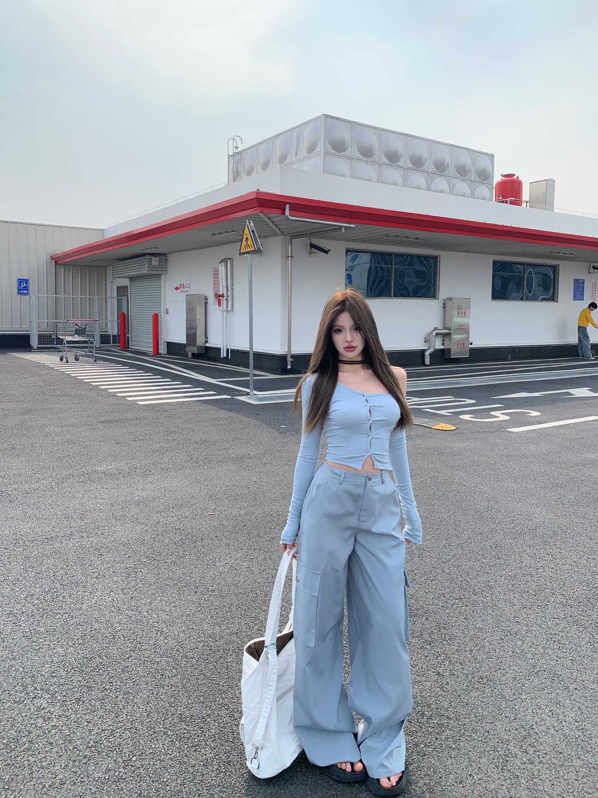 실사 정가 핫걸 루즈핏 바닥 청소 워크웨어 팬츠 와이드 레그 팬츠 다용도 니트 맨위 투피스 세트 세트 여성