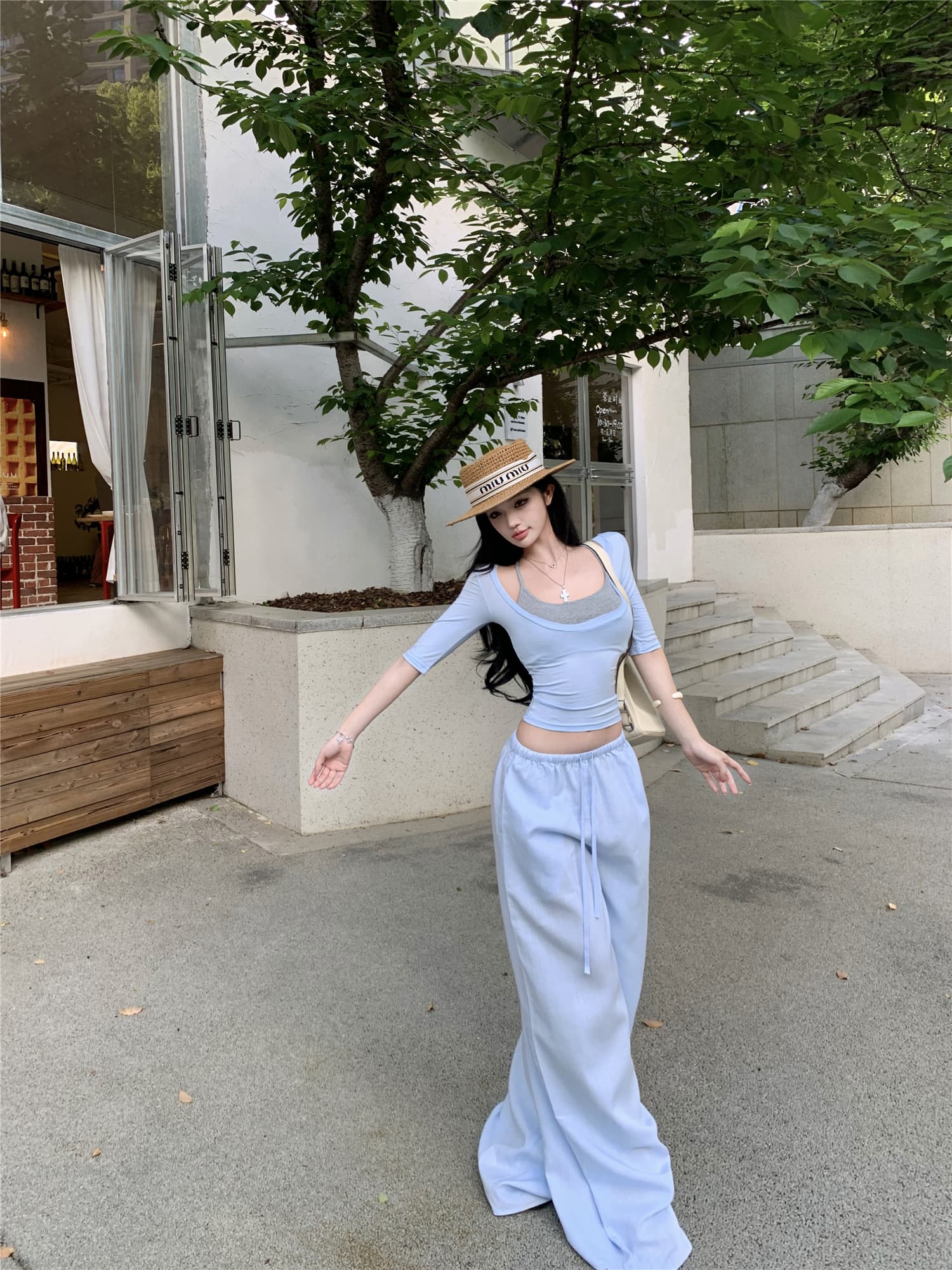 실사 사실 두 조각 반팔 맨위 몸매 가꾸기 반소매 티셔츠 여성 레저 세트 루즈핏 와이드 레그 팬츠 긴 바지 투피스 세트
