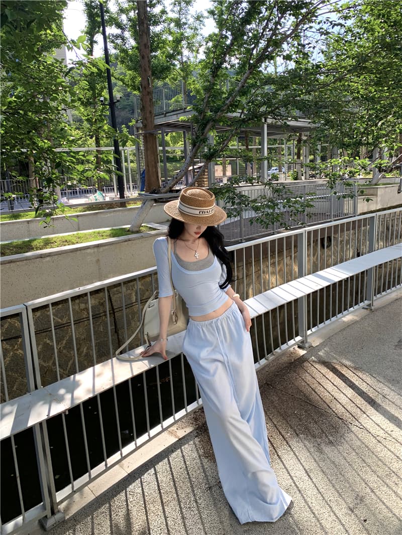 실사 사실 두 조각 반팔 맨위 몸매 가꾸기 반소매 티셔츠 여성 레저 세트 루즈핏 와이드 레그 팬츠 긴 바지 투피스 세트 상세 이미지 4