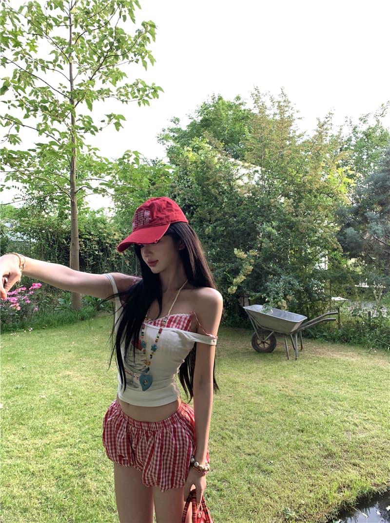 실사 체크무늬 코르셋 스택 착용 화이트 프린트 조끼 아메리칸 핫걸 세트 여성 꽃밭 짧은 치마바지 3종 세트 상세 이미지 14