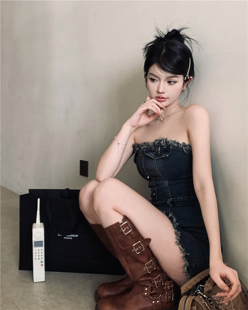 실사 정가 핫걸 허리 수축 튜브탑 거친 가장자리 데님 드레스 품격 섹시함 타이트 스커트 미니 스커트 상세 이미지 9