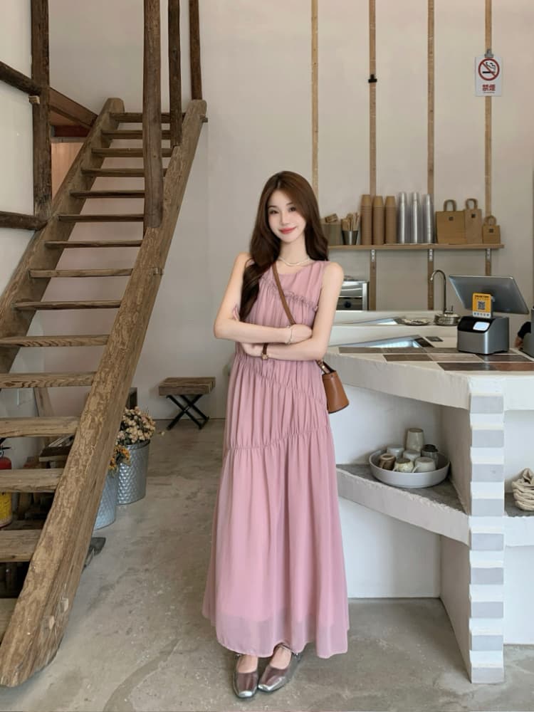 실사 정가 핑크색 프릴 민소매 여성 드레스 품격 루즈핏 슬림해 보이는 주름 디자인 센스 데이트 롱 스커트 상세 이미지 2