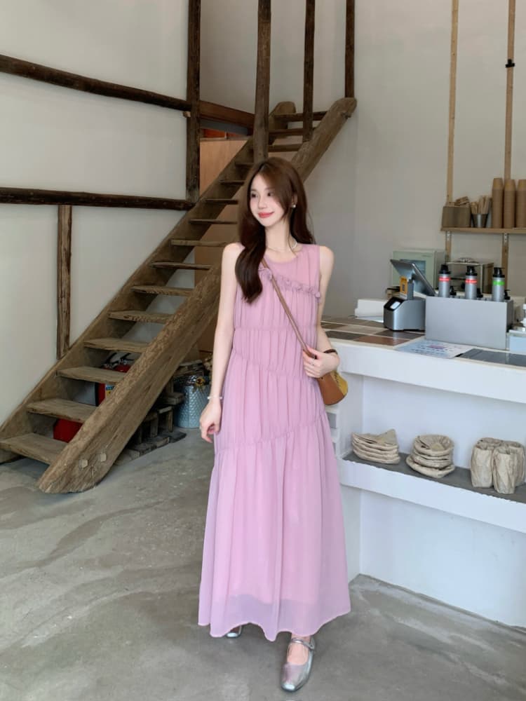 실사 정가 핑크색 프릴 민소매 여성 드레스 품격 루즈핏 슬림해 보이는 주름 디자인 센스 데이트 롱 스커트 상세 이미지 7