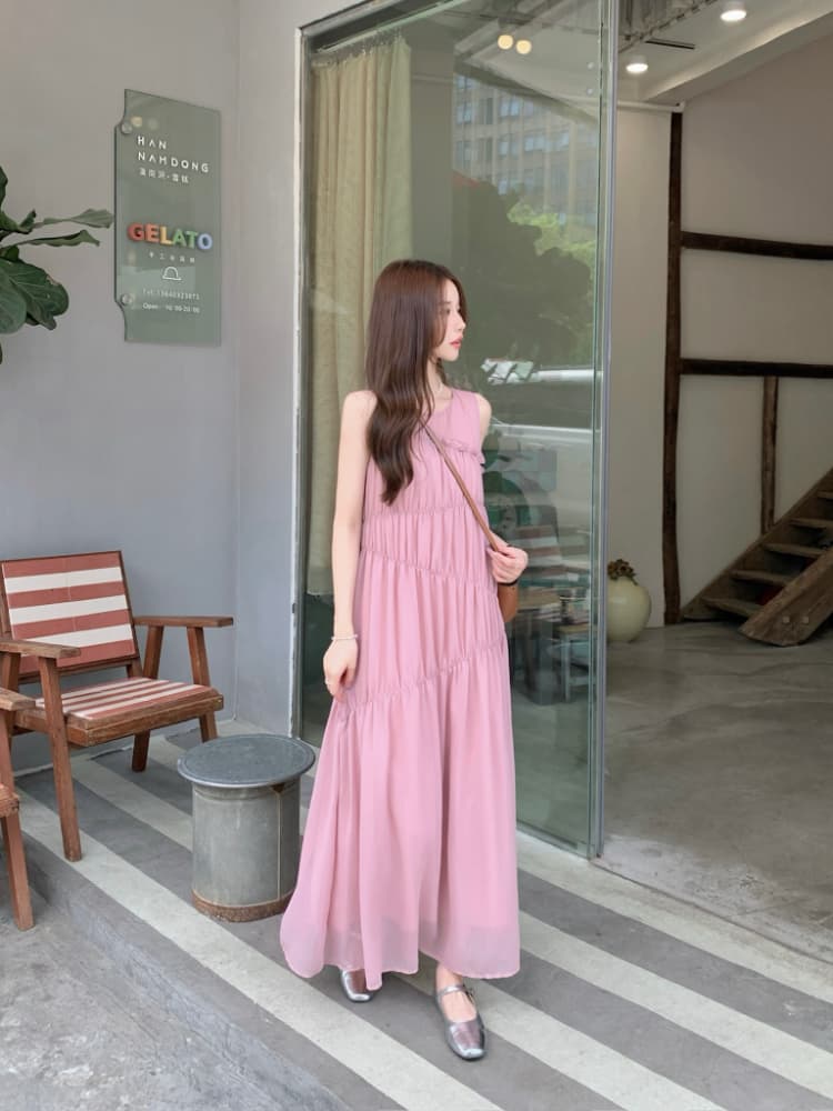 실사 정가 핑크색 프릴 민소매 여성 드레스 품격 루즈핏 슬림해 보이는 주름 디자인 센스 데이트 롱 스커트 상세 이미지 10
