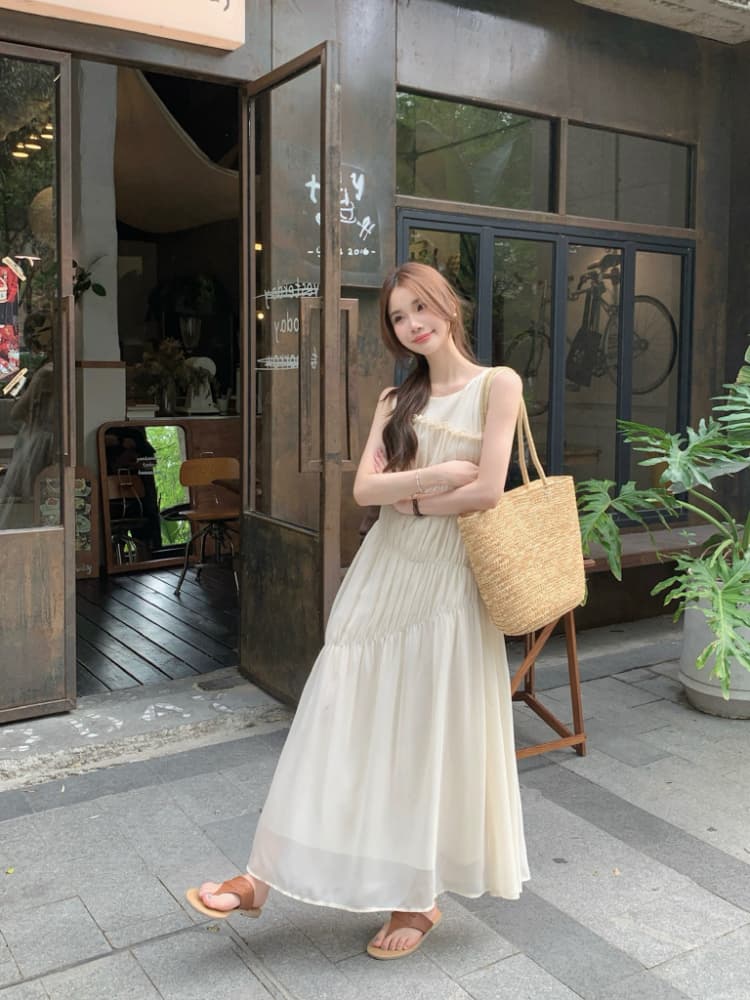 실사 정가 핑크색 프릴 민소매 여성 드레스 품격 루즈핏 슬림해 보이는 주름 디자인 센스 데이트 롱 스커트 상세 이미지 13