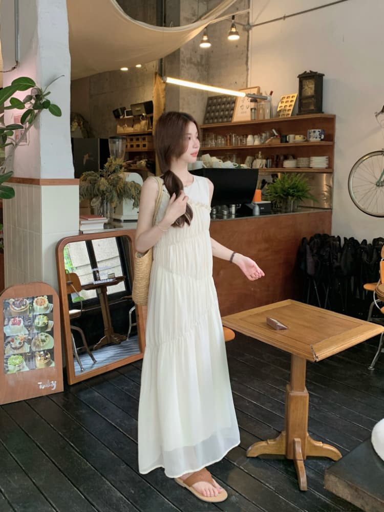 실사 정가 핑크색 프릴 민소매 여성 드레스 품격 루즈핏 슬림해 보이는 주름 디자인 센스 데이트 롱 스커트 상세 이미지 16
