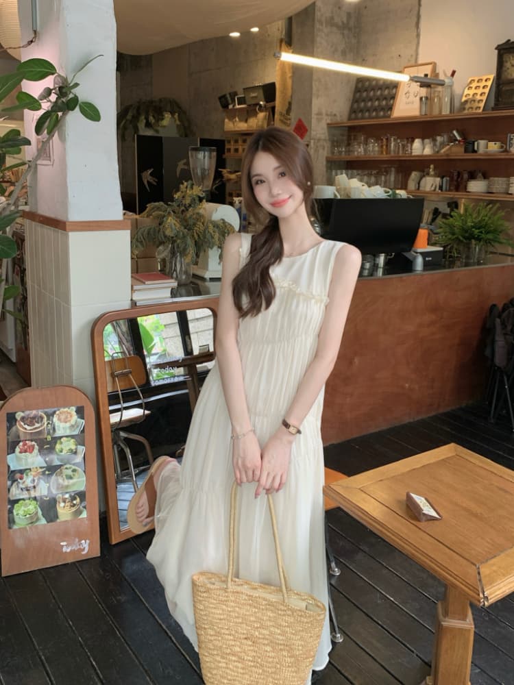 실사 정가 핑크색 프릴 민소매 여성 드레스 품격 루즈핏 슬림해 보이는 주름 디자인 센스 데이트 롱 스커트 상세 이미지 17