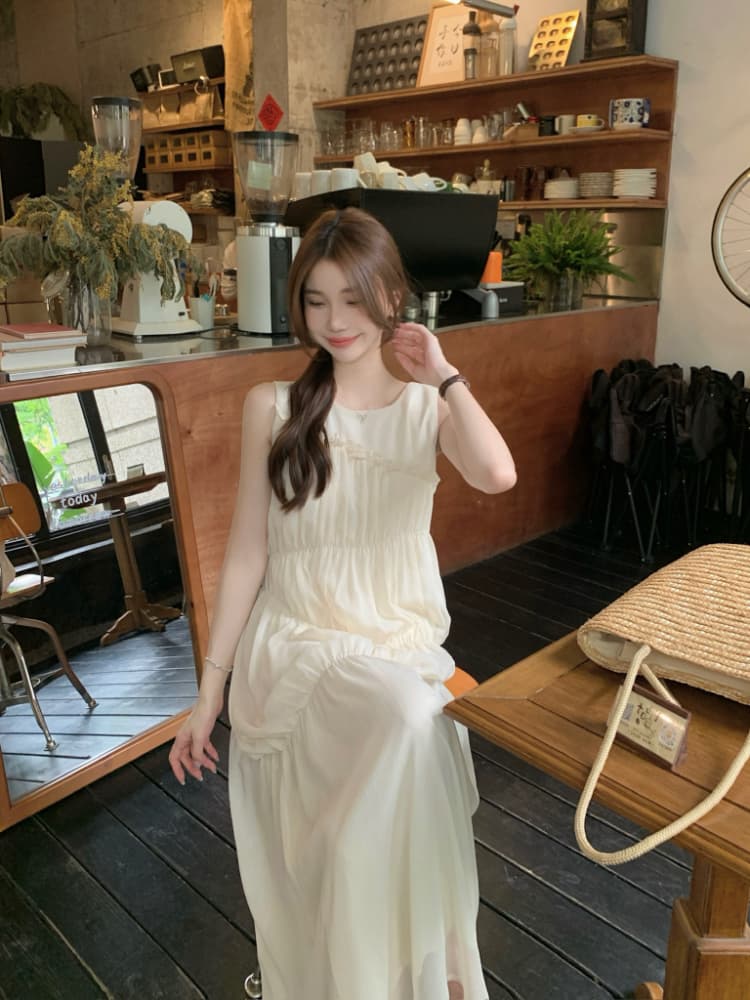 실사 정가 핑크색 프릴 민소매 여성 드레스 품격 루즈핏 슬림해 보이는 주름 디자인 센스 데이트 롱 스커트 상세 이미지 18