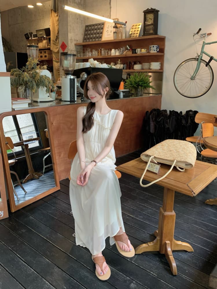 실사 정가 핑크색 프릴 민소매 여성 드레스 품격 루즈핏 슬림해 보이는 주름 디자인 센스 데이트 롱 스커트 상세 이미지 20