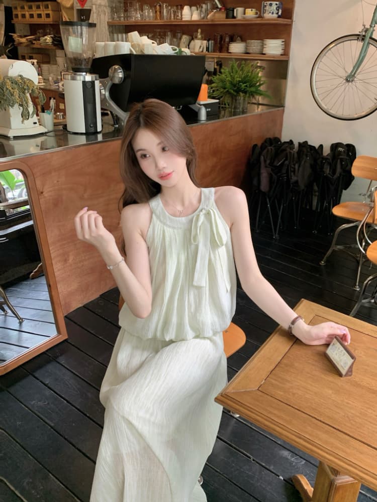 실사 정가 감기 센스 한 부서 레이스업 플리츠 조끼 맨위 하이웨이스트 롱 코트 반신 스커트 투피스 세트 세트 상세 이미지 4