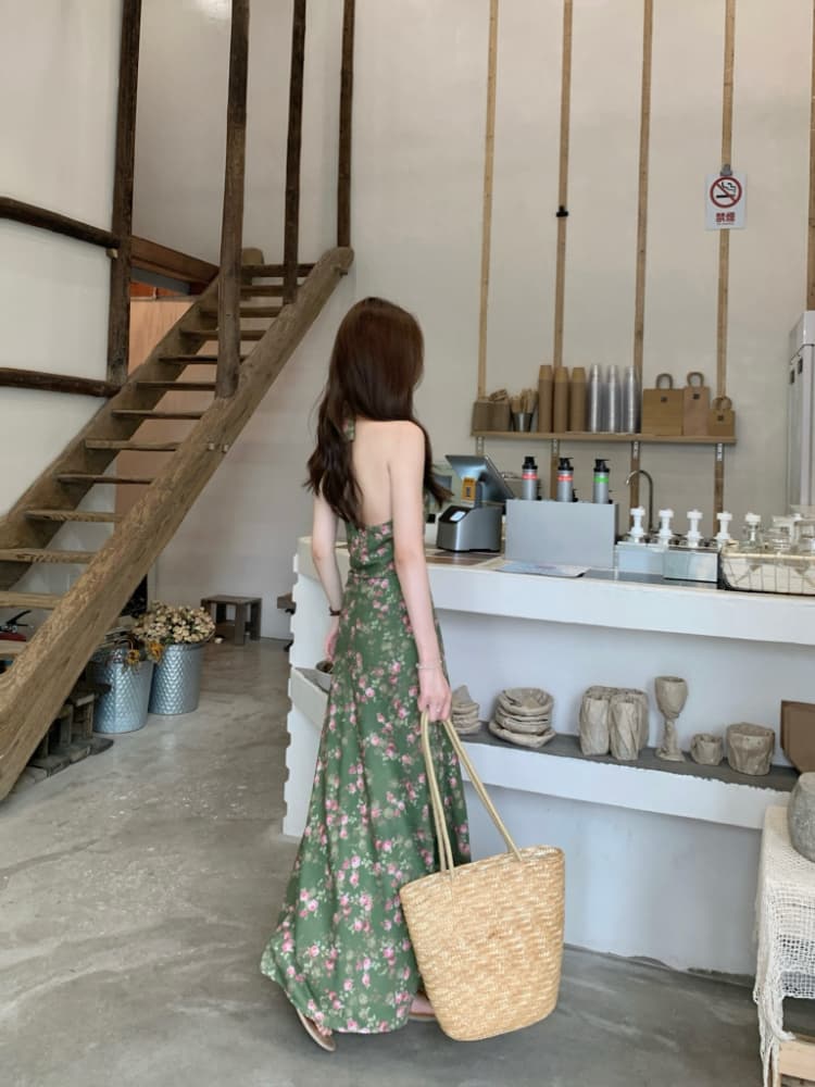 실사 정가 남쪽 법 휴일 바람 품격 V넥 민소매 스트랩 행침 목 롱 스커트 녹색 꽃무늬 조끼 원피스 상세 이미지 2