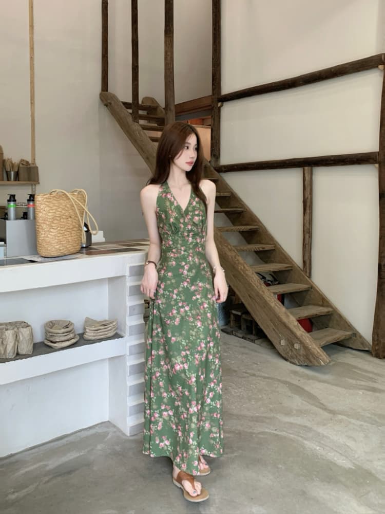 실사 정가 남쪽 법 휴일 바람 품격 V넥 민소매 스트랩 행침 목 롱 스커트 녹색 꽃무늬 조끼 원피스 상세 이미지 5