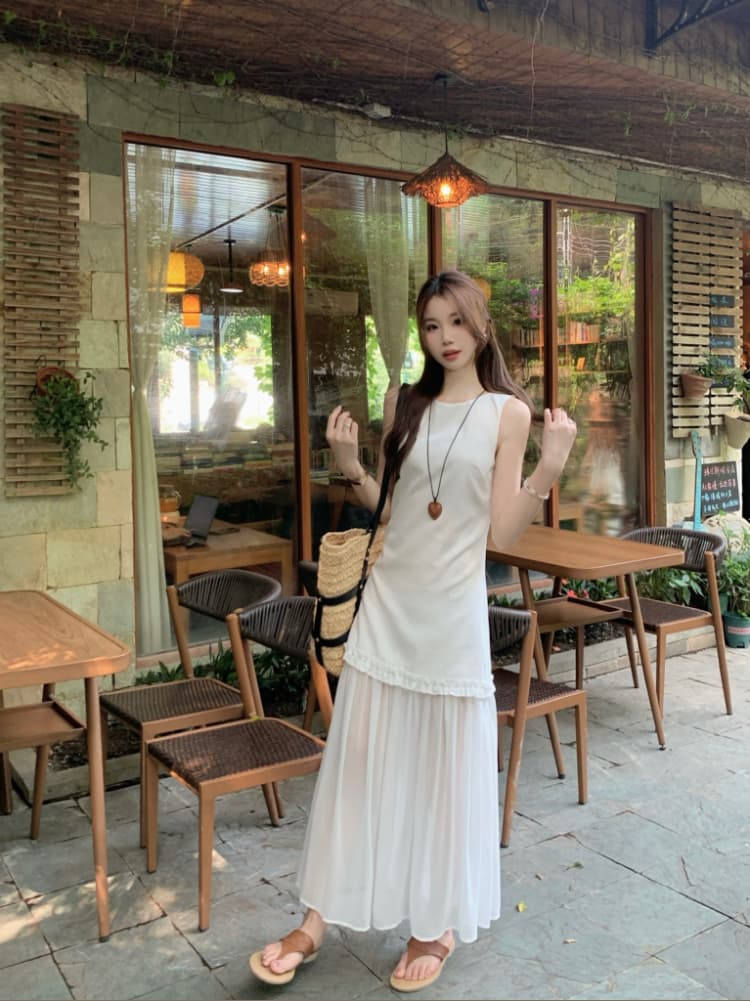 실사 정가 한 부서 라운드 넥 민소매 슬림해 보이는 프릴 패치워크 망사 페이크 레이어드 롱 코트 조끼 원피스 상세 이미지 2