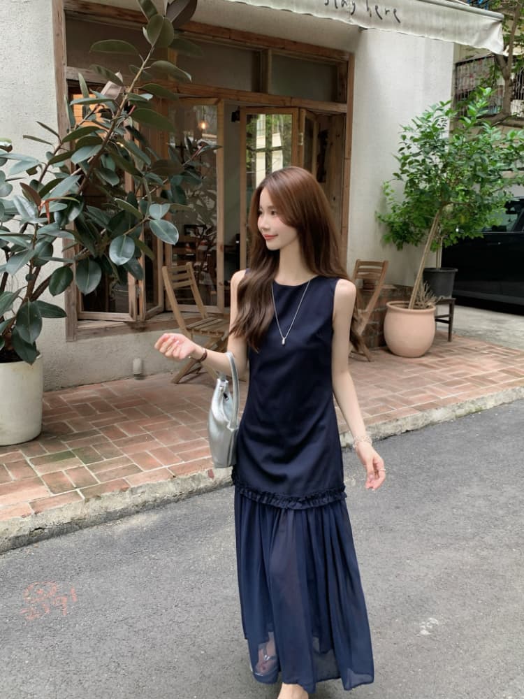 실사 정가 한 부서 라운드 넥 민소매 슬림해 보이는 프릴 패치워크 망사 페이크 레이어드 롱 코트 조끼 원피스 상세 이미지 13