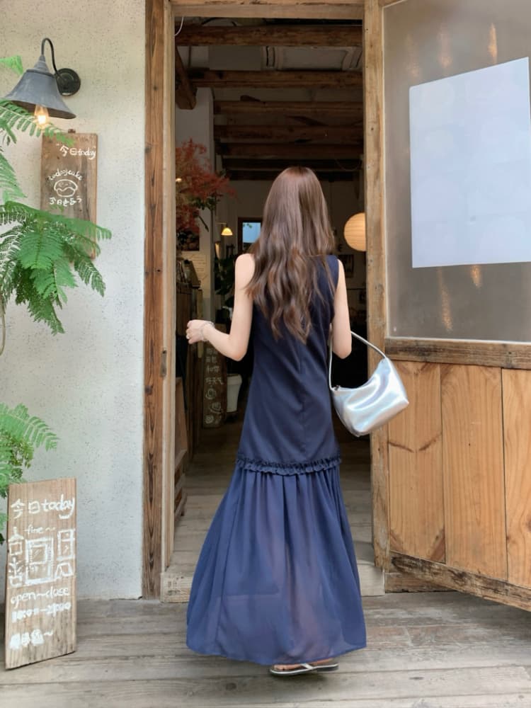 실사 정가 한 부서 라운드 넥 민소매 슬림해 보이는 프릴 패치워크 망사 페이크 레이어드 롱 코트 조끼 원피스 상세 이미지 14