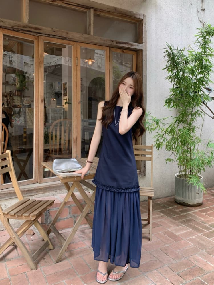 실사 정가 한 부서 라운드 넥 민소매 슬림해 보이는 프릴 패치워크 망사 페이크 레이어드 롱 코트 조끼 원피스 상세 이미지 15