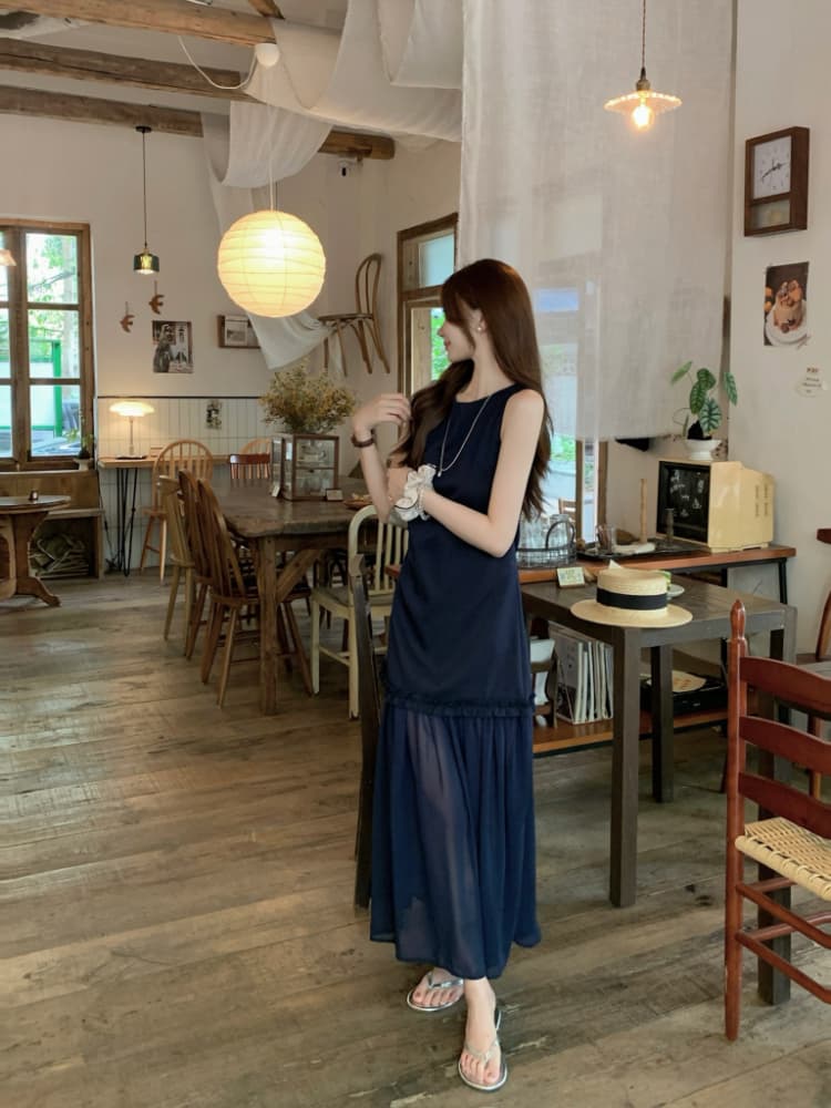 실사 정가 한 부서 라운드 넥 민소매 슬림해 보이는 프릴 패치워크 망사 페이크 레이어드 롱 코트 조끼 원피스 상세 이미지 16