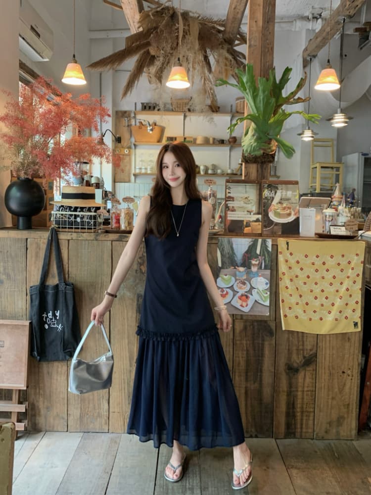 실사 정가 한 부서 라운드 넥 민소매 슬림해 보이는 프릴 패치워크 망사 페이크 레이어드 롱 코트 조끼 원피스 상세 이미지 18
