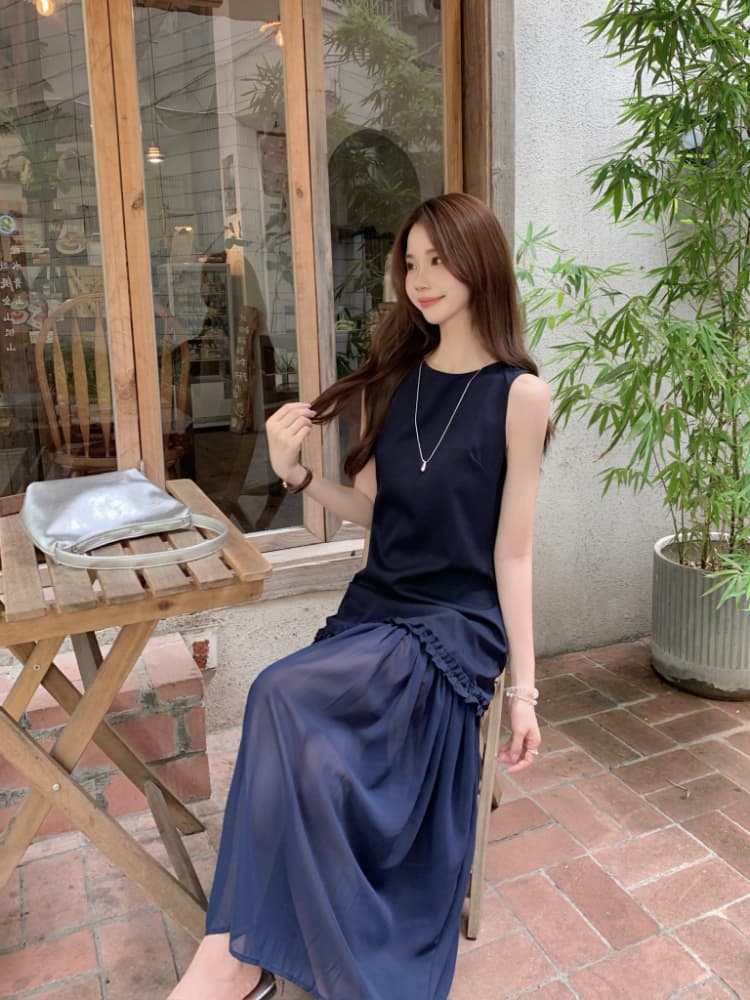 실사 정가 한 부서 라운드 넥 민소매 슬림해 보이는 프릴 패치워크 망사 페이크 레이어드 롱 코트 조끼 원피스 상세 이미지 20