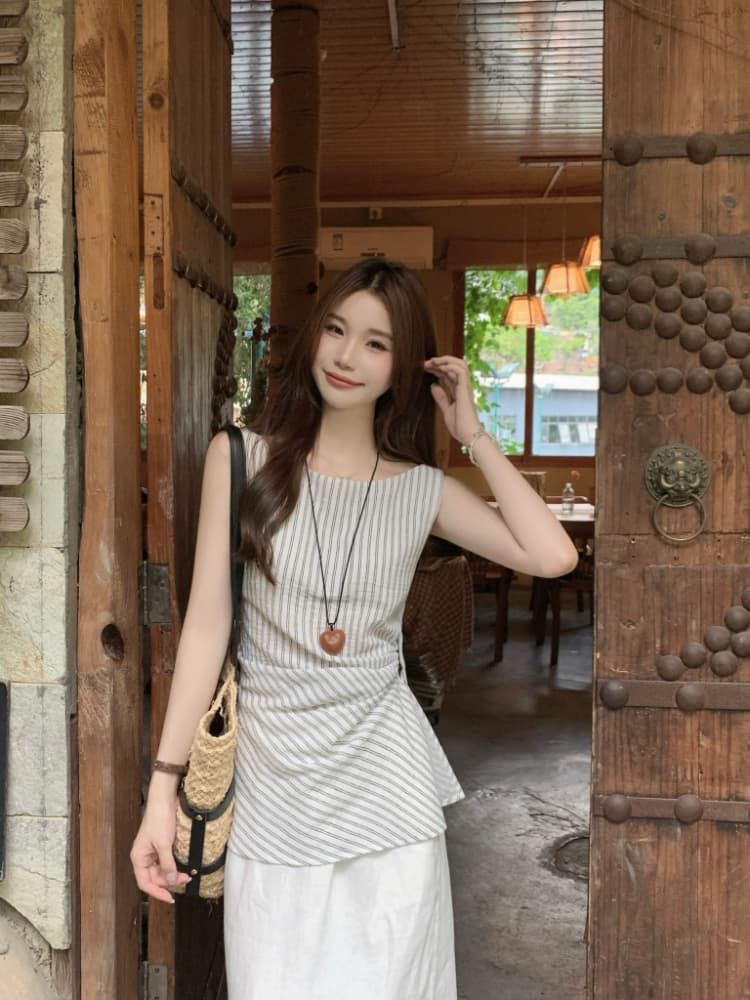 실사 정가 세로 줄무늬 조끼 여성 여름 디자인 센스 빛 요리 한 불규칙 민소매 맨위 프랑스식 품격 작은 셔츠 상세 이미지 8