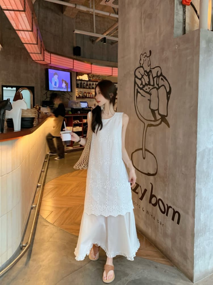 실사 정가 화이트 한 부서 여름 무거운 작업 디자인 센스 프랑스식 홀로우 아웃 자수 페이크 레이어드 조끼 원피스 상세 이미지 4