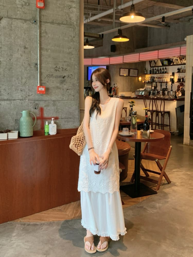 실사 정가 화이트 한 부서 여름 무거운 작업 디자인 센스 프랑스식 홀로우 아웃 자수 페이크 레이어드 조끼 원피스 상세 이미지 6