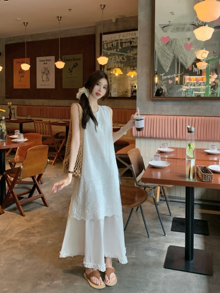 실사 정가 화이트 한 부서 여름 무거운 작업 디자인 센스 프랑스식 홀로우 아웃 자수 페이크 레이어드 조끼 원피스 상세 이미지 7