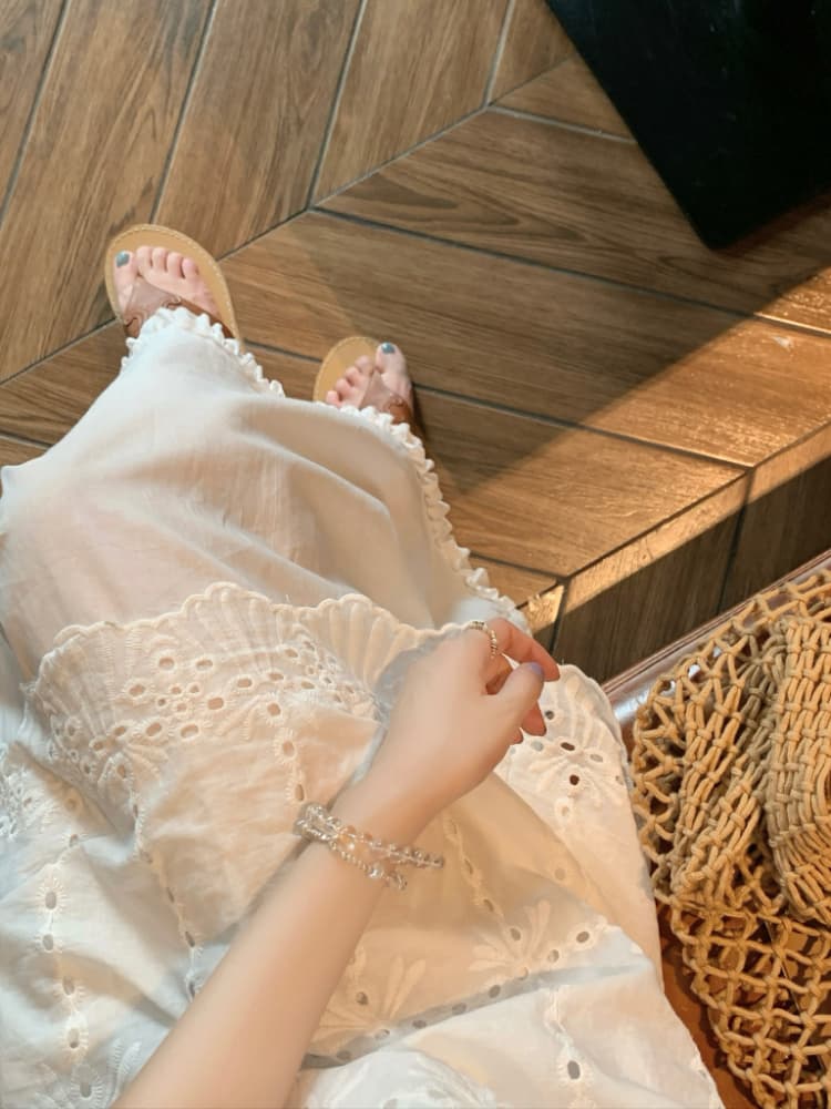 실사 정가 화이트 한 부서 여름 무거운 작업 디자인 센스 프랑스식 홀로우 아웃 자수 페이크 레이어드 조끼 원피스 상세 이미지 9