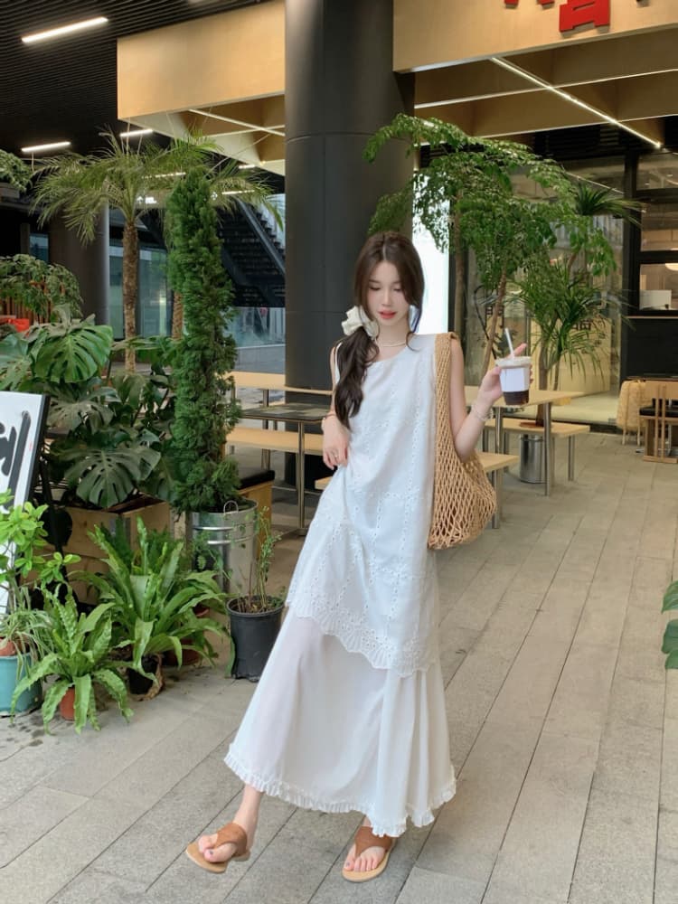 실사 정가 화이트 한 부서 여름 무거운 작업 디자인 센스 프랑스식 홀로우 아웃 자수 페이크 레이어드 조끼 원피스 상세 이미지 11