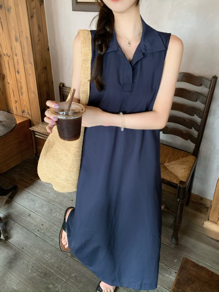 실사 정가 한 부서 미니멀리즘 POLO 칼라 민소매 여성 드레스 루즈핏 품격 조끼 스커트 느슨함 센스 롱 스커트 상세 이미지 3