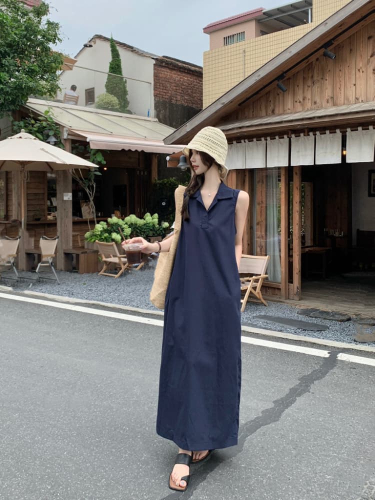 실사 정가 한 부서 미니멀리즘 POLO 칼라 민소매 여성 드레스 루즈핏 품격 조끼 스커트 느슨함 센스 롱 스커트 상세 이미지 4