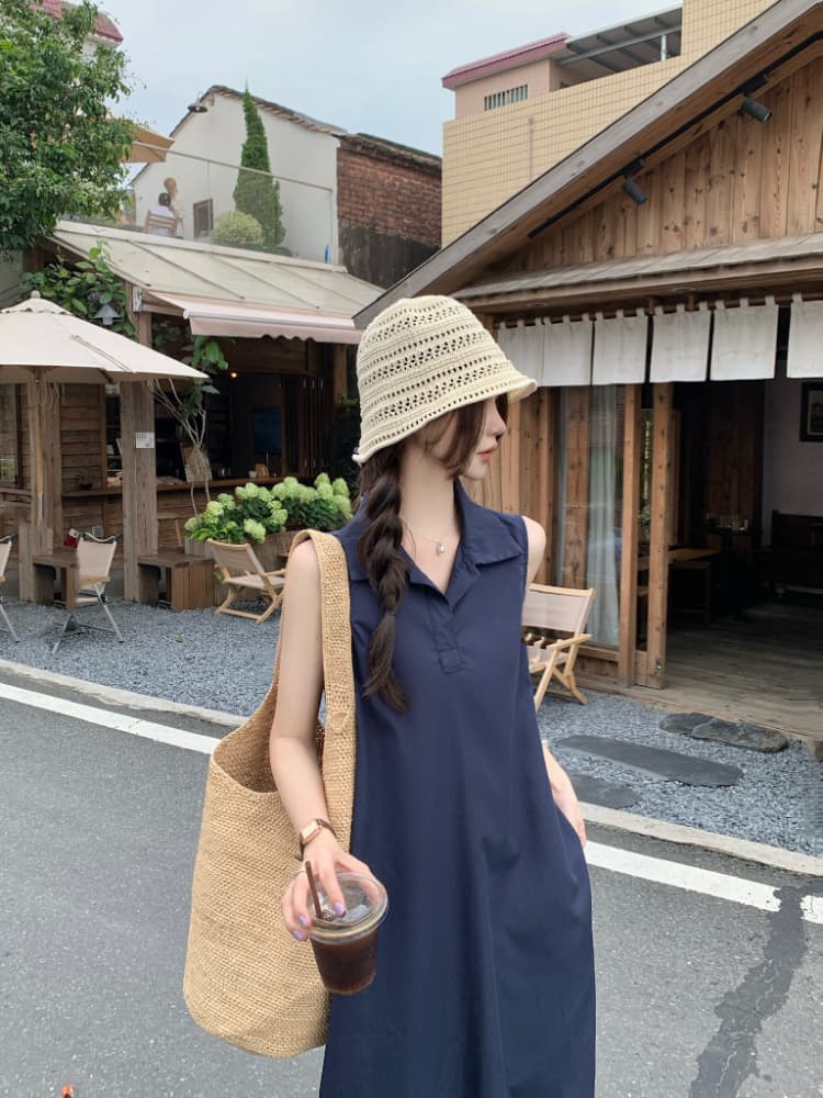 실사 정가 한 부서 미니멀리즘 POLO 칼라 민소매 여성 드레스 루즈핏 품격 조끼 스커트 느슨함 센스 롱 스커트 상세 이미지 5